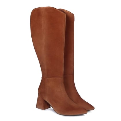 Blocked Heel Adjustable Elastic Pointed Toe Knee-Height Brown Rich Suede Leather Ladies Boots By Brune & Barerskin-37/4