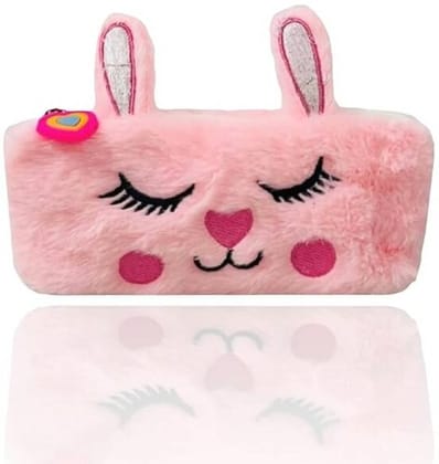 Rabbit Fur Pencil Pouch Cute Soft Rabbit Face Pencil Pouch Geometry Box  (Pink)