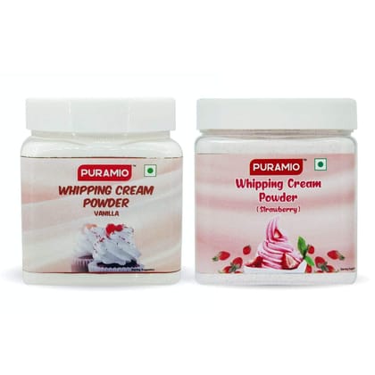 Puramio Whipping Cream Powder Combo Pack - Vanilla & Strawberry, 250 gm Each - Pack of 2