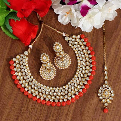 Orange Color Kundan Necklace Set (KN995ORG)-Adjustable Rope / Orange / Alloy With Good Quality Gold Plated