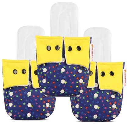 Yellow And Blue Adjustable Improvus Washable And Eco-Friendly Diapers Pack Of 3 With Insert