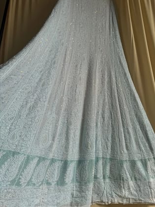 Viscose Anarkali - Semi Stitched - Pearl Work - Icy Blue-Icy Blue / Viscose / Pearl Work