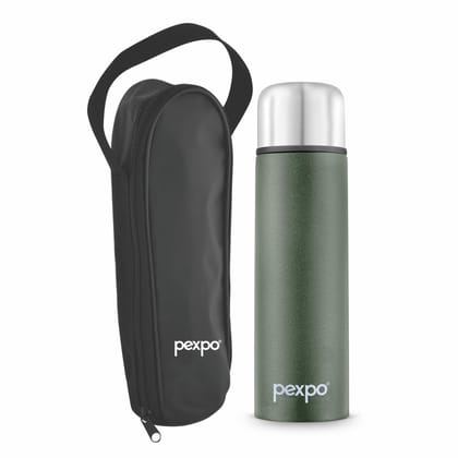 Pexpo Stainless Steel Thermosteel Insulated Flask with Zipper Bag | 750ml, Military Green, Flip Pro | Odorless & Keeps Drinks Hot/Cold for 18+ Hours
