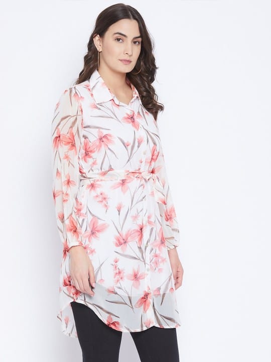 White & Blue Shirt Collar Floral Printed Tunic