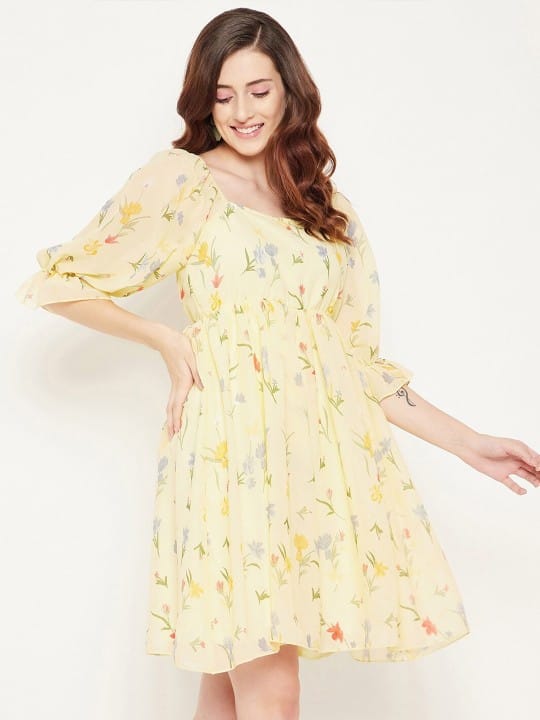 Yellow Floral Georgette Dress