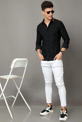 Black Cotton Self Stripe Corduroy With Leather Constrast Shirt-XXL
