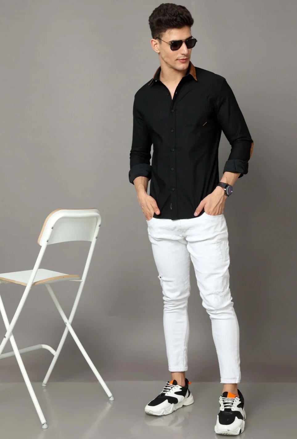 Black Cotton Self Stripe Corduroy With Leather Constrast Shirt-XXL