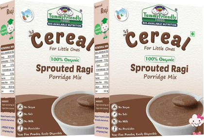 TummyFriendly Foods Certified Organic Sprouted Ragi Porridge Mix, Made of Organic Sprouted Ragi for Baby, Rich In Calcium, Iron, Fibre & Micro-Nutrients 6+ Months, 200 gm Each Cereal (Pack of 2)