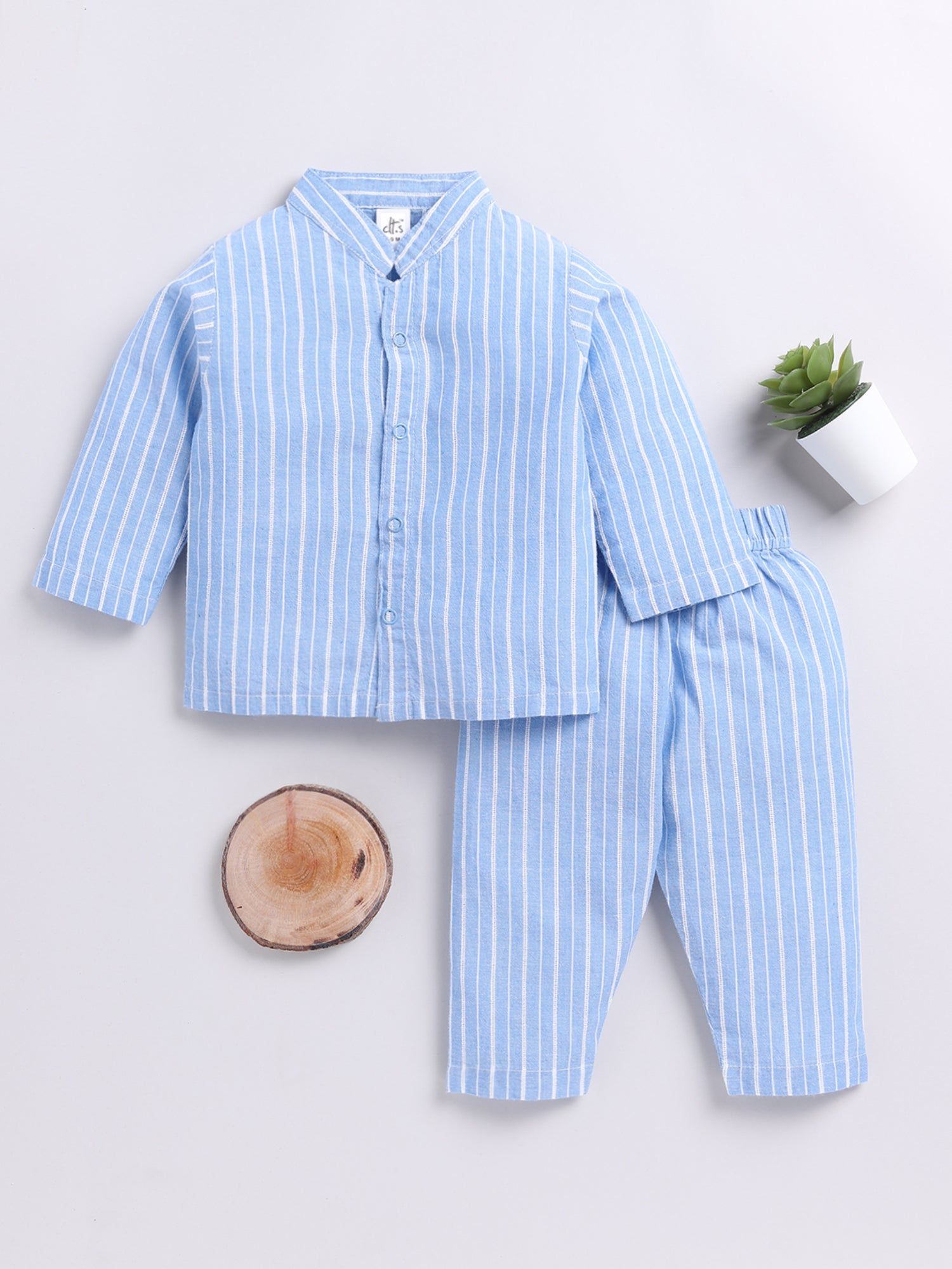 Striped Blue Full Sleeve Nightwear Set-6-9 m