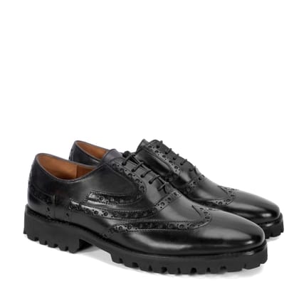 Black Croco Leather Toe with Chunky Sole Brogue Punching Shoes-40/6