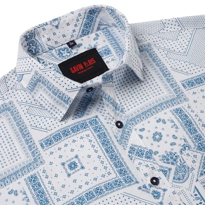 White and Blue Patterned Full-Sleeve Shirt (D012)-M-38 / Full Sleeve