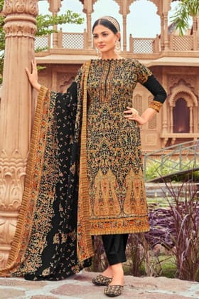 Black Colour Printed Woolen Unstitched Suit Fabric With Stole
