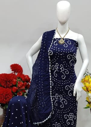 Cotton Satin Hand Crafted Kutchi Self Colour Bandhani Material (Unstitched)-Blue