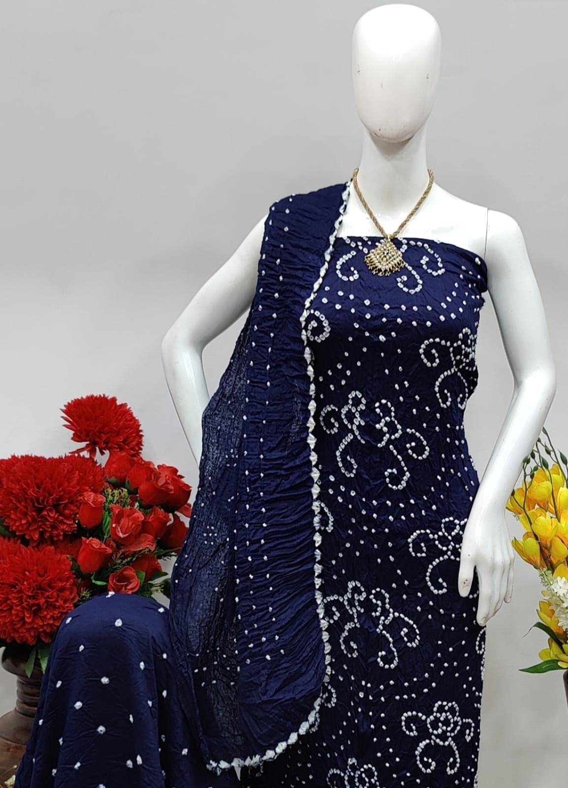 Cotton Satin Hand Crafted Kutchi Self Colour Bandhani Material (Unstitched)-Blue