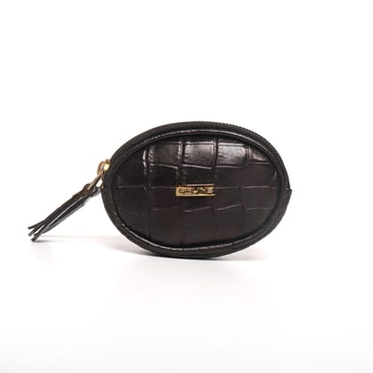 Black Deep Cut Croco Oval Shape With Metallic Zipper Coin Purse By Brune & Bareskin-FS