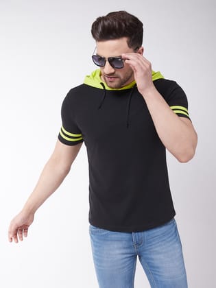 Gritstones Striped Men Hooded Neck Black, Green T-Shirt