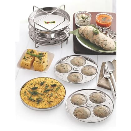Komal Stainless Steel Multi Set 2 in 1 Multi Purpose 8 Plates Stand |  4 Idli Plates and 4 Steamer (Dhokla/Momos/Patra) plates | Silver