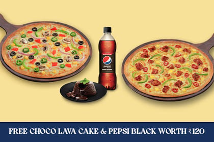 Any 2 Large 10" Pizzas [FREE Chocolate Lava Cake & Pepsi] __ Thin Crust,Old World Margherita Pizza [10" Large],Thin Crust,Old World Margherita Pizza [10" Large],1 FREE Pepsi [250 Ml]