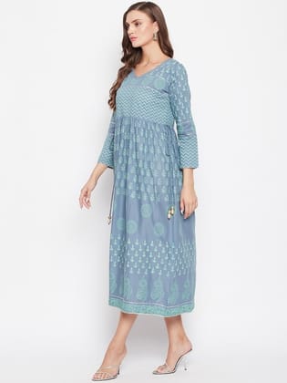 Women Grey Ethnic Motifs Printed Block Print Kurta