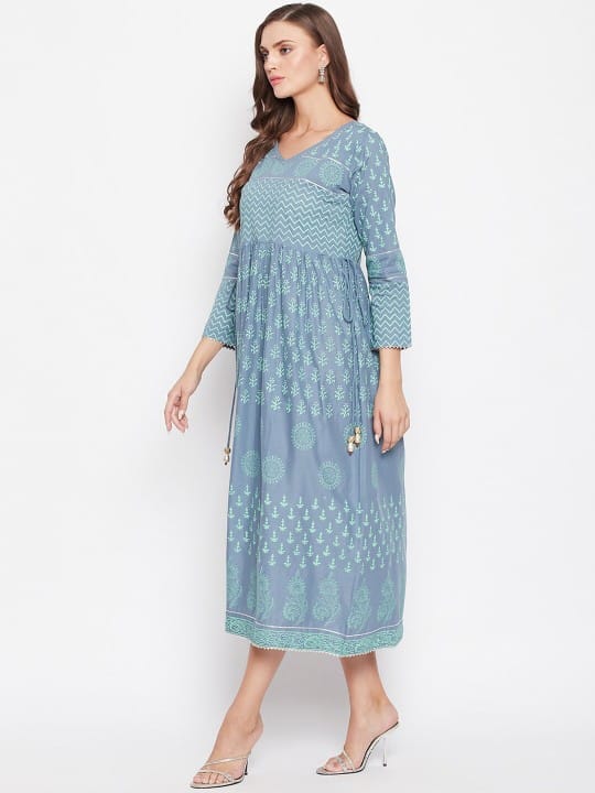 Women Grey Ethnic Motifs Printed Block Print Kurta