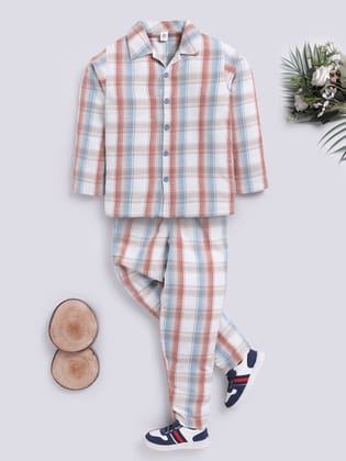 Beige Full Sleeves Checked Night Suit-6-7 y