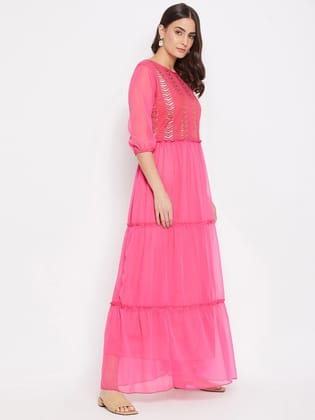 Pink Georgette Maxi Tiered Dress