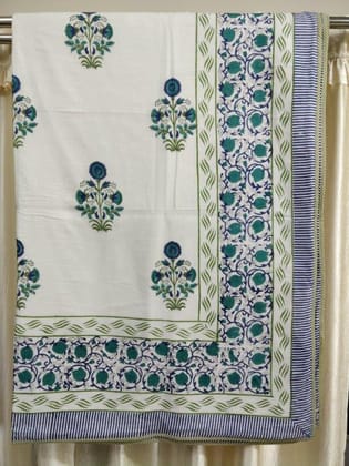 Blue-Multicolor Handblock Printed Voile Cotton Double Dohar (108in x 86in) - Jaipur Handblocks