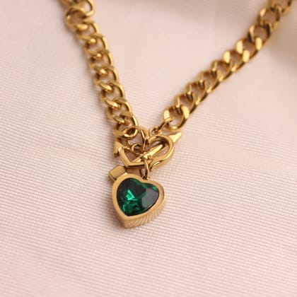 18K Gold Filled Cuban Link Chain with Green Heart Shape Cubic Zirconia