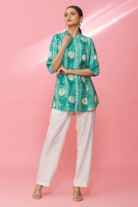 Green Rayon Geometric Print Mandarin Collar Shirt-XL