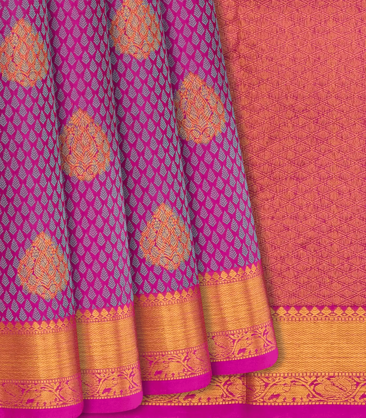 Hot Pink Handloom Kanchipuram Silk Saree With Floral Motifs-Hot Pink-Hot Pink