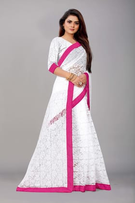 ANSH Womens Net Floral Print Saree length (5.5m) & Blouse Piece Size (0.8m) (White)