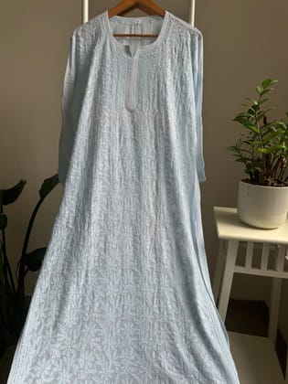 Muslin Chikankari Kurti - Baby Blue-Blue / cotton / XL