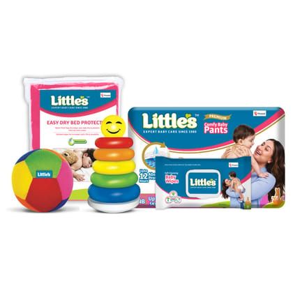 Little's New Born Gift Combo (Comfy Baby Pants | New Born I Jumbo Pack of 1, Soft Cleansing Baby Wipes Lid Pack of 1 | Contains Aloe Vera & Jojoba Oil -80 Wipes, Soft baby Ball, Junior Ring I Toy