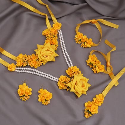 Yellow Color Synthetic Rose Floral Bridal Set (TRN1782YLW)-Adjustable Rope / Yellow / Synthetic