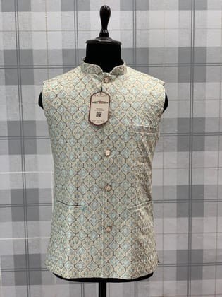 Light Yellowish With Sky Blue Threads Step Pattern Modi Nehru Mens Jacket | Indian Wedding Wear Koti And Waistcoat, Fast Delivery India (Size - 40) by Rang Bharat