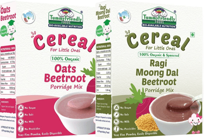 TummyFriendly Foods Certified 100% Organic Oats, Beetroot And Organic Sprouted Ragi, Moong Dal, Beetroot Porridge Mixes, Made of Organic Oats & Sprouted Ragi For Baby, 200 gm Each Cereal (Pack of 2)