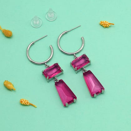 Ruby Color American Diamond Earrings (ADE606RUBY)-Length: 6.50 CM x Width: 1.50 CM | / Ruby / Brass With Good Quality Silver Plated