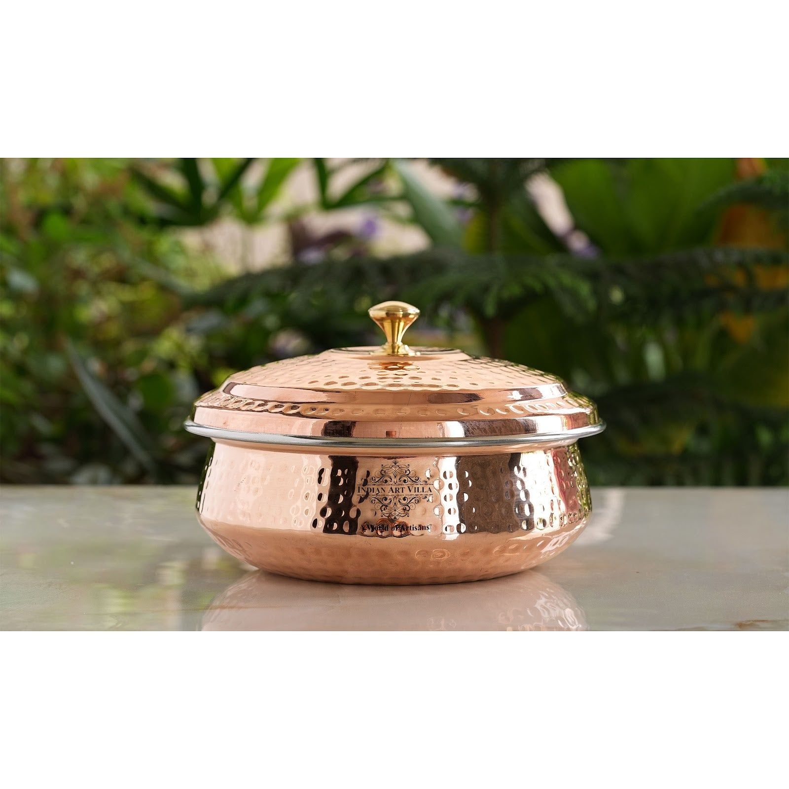 Indian Art Villa Handcrafted Pure Steel Copper Hammered Design Handi with Lid, Serveware, Tableware-350ml