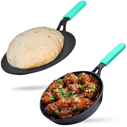 GEMMA Set of 2 Pre-Seasoned Natural Nonstick Raw Cast Iron Frypan & Non-Sticky Roti Tawa with Long Inbuilt Handle for Grip Resistance | Black