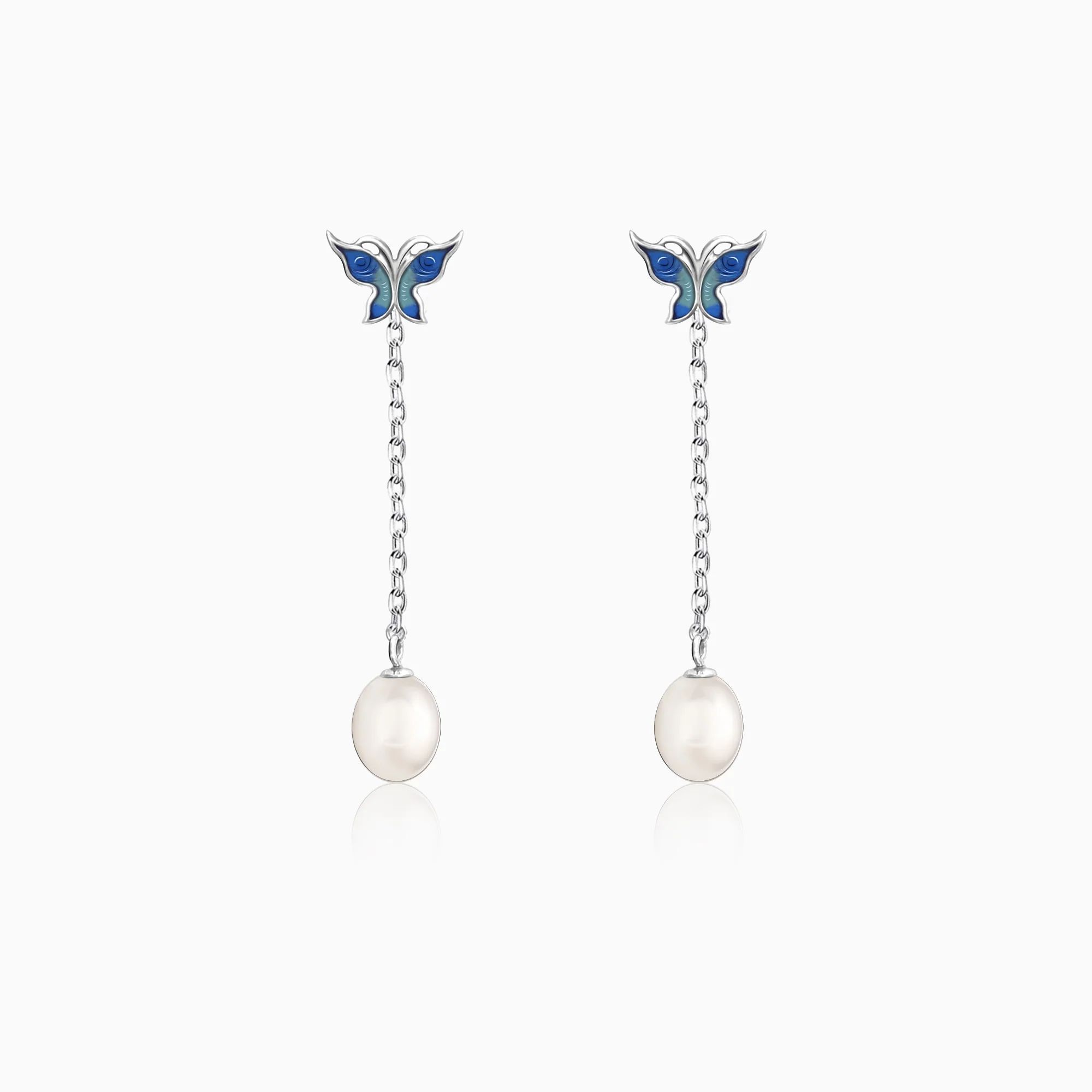 Silver Butterfly Pearl Dangle Earrings