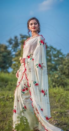 White and Red Flowered Party wear Linen Digital Printed Sari 1323