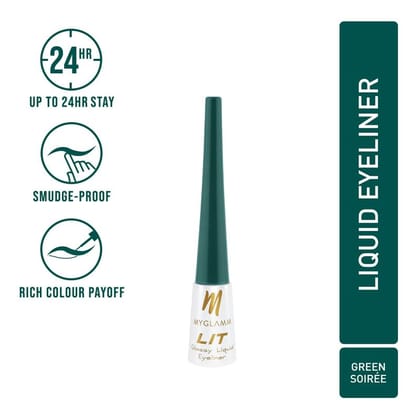 MyGlamm LIT Glossy Liquid Eyeliner - Green Soire (Jade Green Shade) - 3.5ml | Up to 24hr Water-proof & Smudge-proofGreen Soirée