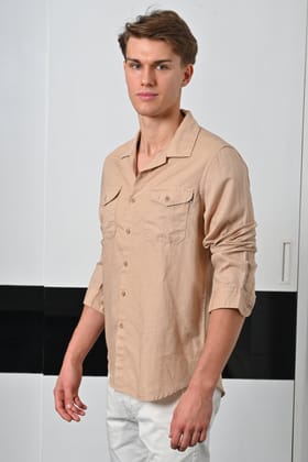 Turk - Cotton Linen Pocketed Shirt - Sand-S-38 / SAND