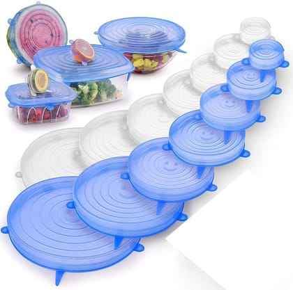 Microwave Safe Silicone Stretch Lids Reuseable Flexible Covers For Rectangle, Round, Square Bowls, Dishes, Plates, Cans, Jars, Glassware And Mugs Pack Of 6 Lids