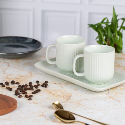 Tea Coffee Mugs with Serving Platter Set of 2 Cups | Microwave Safe | Dishwash resistant | Scratch Resistant | Pastel Green | H-4.5" D-3"