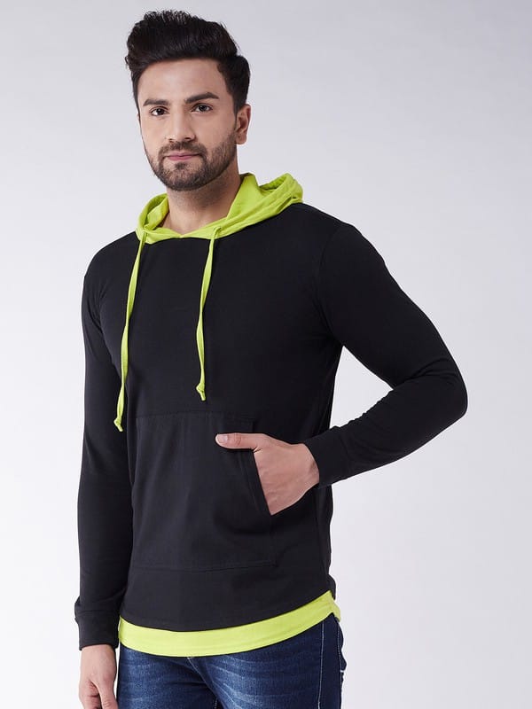 Gritstones Solid Men Hooded Neck Black T-Shirt