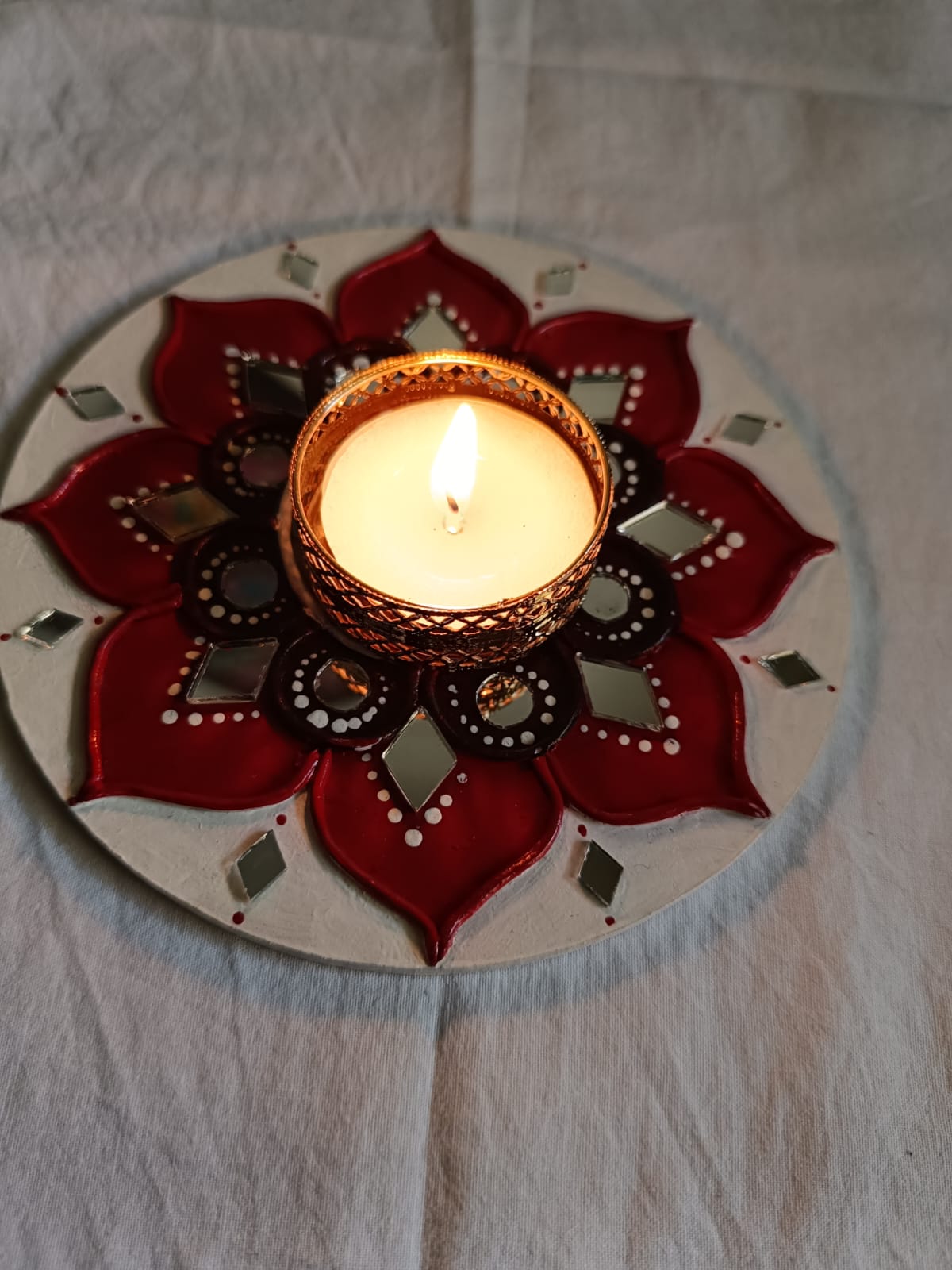 Lippan Work Diya - Tea Light Holder (Red & Yellow)("5")