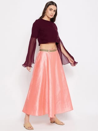 Women Maroon & Pink Embellished Crop Top With Skirt