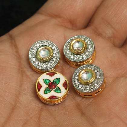4 Pcs, 14mm, Kundan Connectors Round Golden-Golden / Kundan