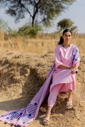 Taffy Pink Kurta Set with Block Printed Dupatta-S
